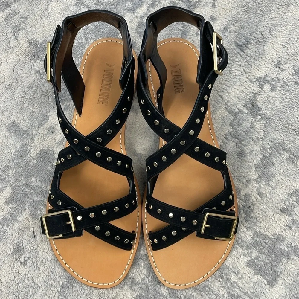 NIB Zadig & Voltaire Cecilia Studs Caprese Sandals Black Suede Strappy Sz 41